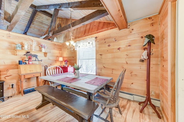 dining room featuring wood ceiling, light hardwood / wood-style flooring, lofted ceiling with beams, a chandelier, and wood walls