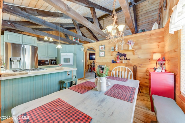 dining room featuring an inviting chandelier, wood walls, lofted ceiling with beams, wooden ceiling, and light wood-type flooring