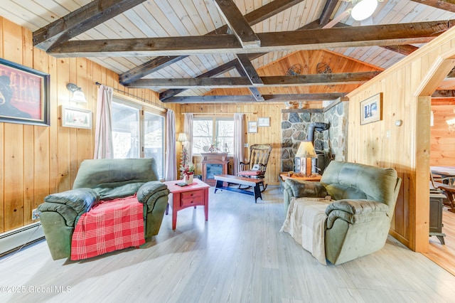 living room with wood ceiling, vaulted ceiling with beams, wood walls, wood-type flooring, and a wood stove