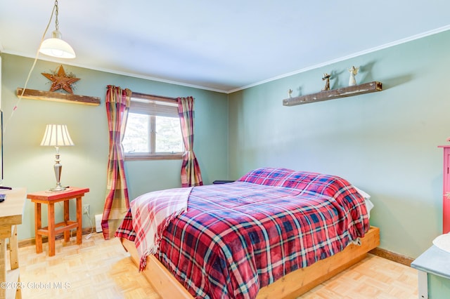 bedroom featuring crown molding and light parquet floors