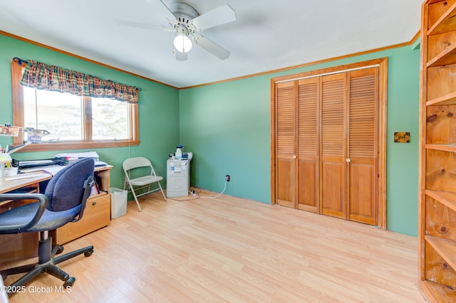 office area featuring crown molding, light hardwood / wood-style floors, and ceiling fan