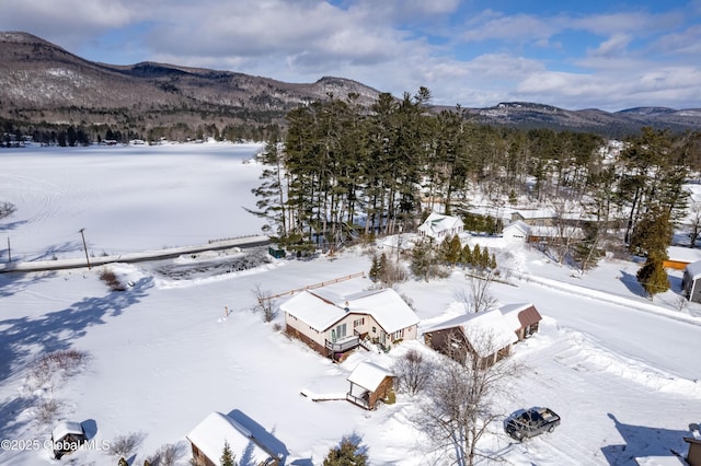 snowy aerial view featuring a mountain view