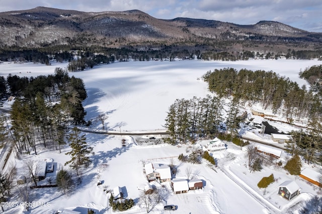 snowy aerial view with a mountain view