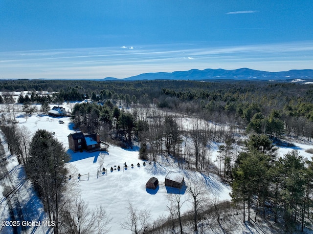 snowy aerial view featuring a mountain view