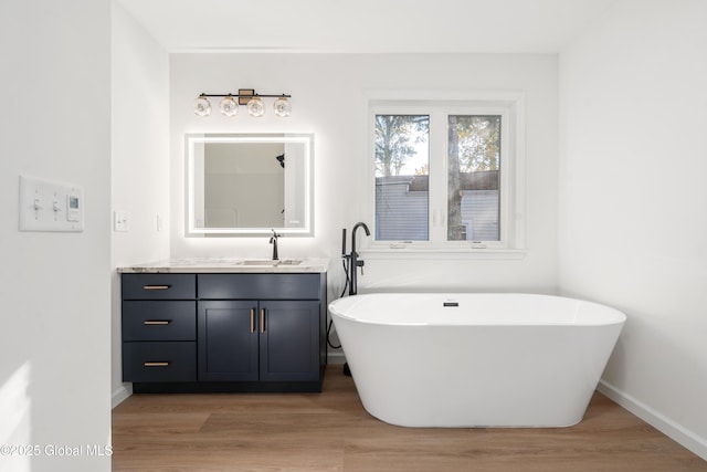 bathroom with a washtub, hardwood / wood-style floors, and vanity