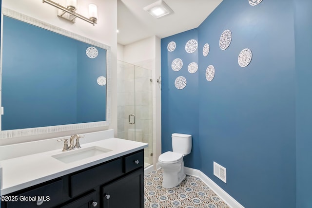 full bathroom featuring visible vents, baseboards, toilet, vanity, and a shower stall