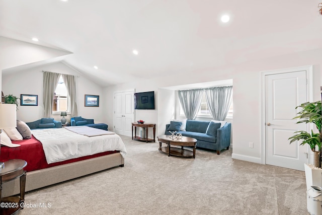 bedroom with light carpet, baseboards, vaulted ceiling, and recessed lighting