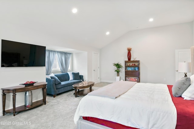 bedroom with vaulted ceiling, recessed lighting, baseboards, and light colored carpet