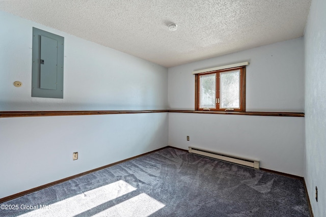 empty room featuring electric panel, baseboards, a textured ceiling, carpet flooring, and a baseboard heating unit