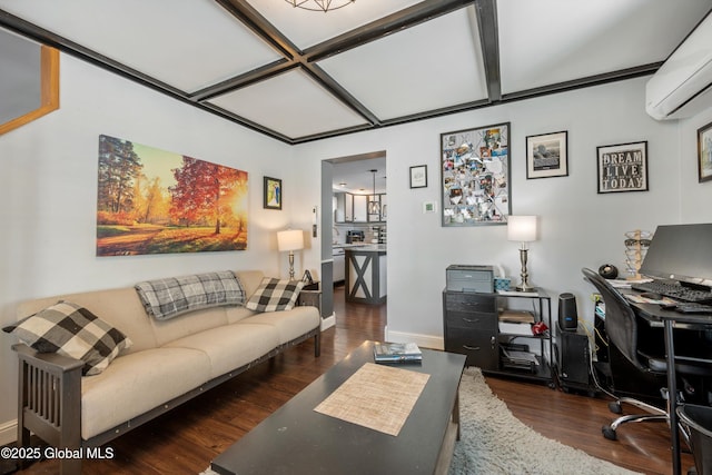 office space with dark wood-style flooring, a wall mounted air conditioner, and baseboards