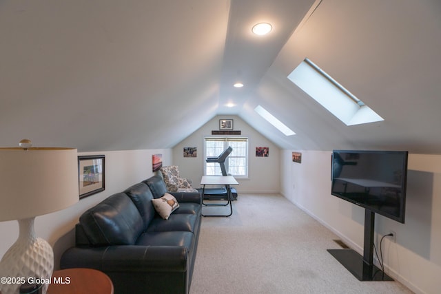 living room featuring lofted ceiling and light colored carpet