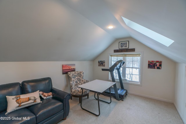 exercise area with lofted ceiling and light carpet