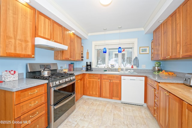 kitchen with white dishwasher, light countertops, crown molding, under cabinet range hood, and double oven range