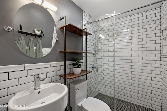 full bathroom featuring a sink, toilet, tile walls, and a shower stall