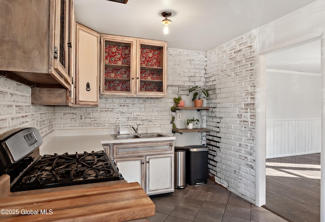 kitchen featuring dark tile patterned flooring, a sink, light countertops, wainscoting, and stainless steel gas stove