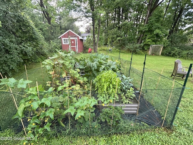 view of yard with an outbuilding, a vegetable garden, and a storage unit