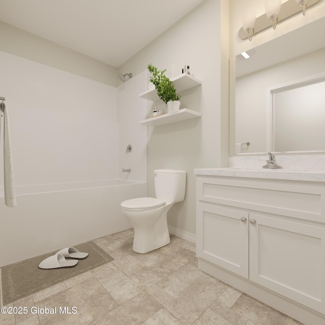 bathroom featuring baseboards, tub / shower combination, vanity, and toilet