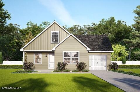 view of front of house featuring driveway, a front lawn, board and batten siding, and an attached garage