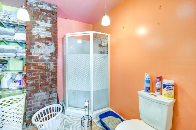 bathroom with lofted ceiling, a stall shower, and toilet