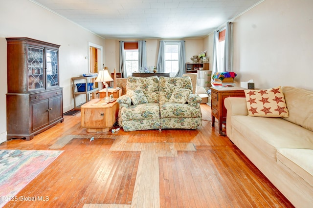 living room featuring hardwood / wood-style flooring and crown molding