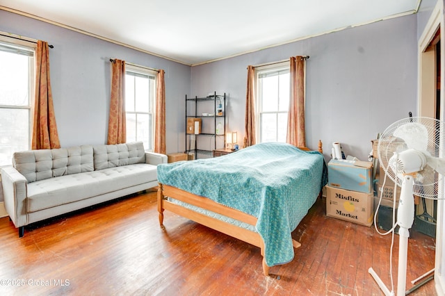 bedroom featuring wood-type flooring and multiple windows