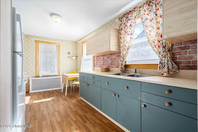 kitchen with a sink, light countertops, freestanding refrigerator, radiator, and dark wood-style floors