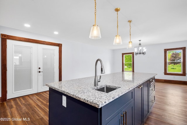11208 State Route 22, Fort Ann, NY 12827 - kitchen featuring a sink, dark wood finished floors, decorative light fixtures, light stone counters, and recessed lighting