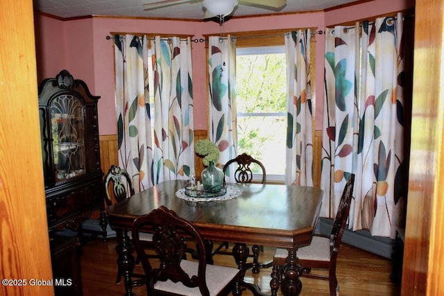 dining space with hardwood / wood-style floors, crown molding, and ceiling fan