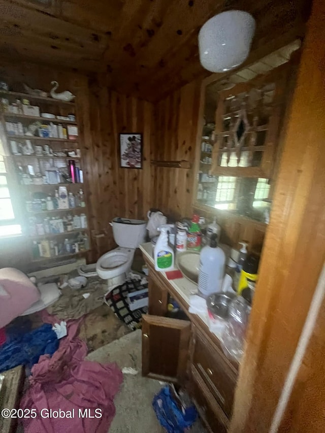 bathroom featuring vanity, vaulted ceiling, wooden walls, and toilet