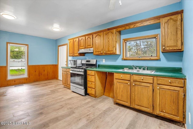 7383 State Highway 28, Exeter, NY 13315 - kitchen with light wood finished floors, a sink, a wainscoted wall, under cabinet range hood, and appliances with stainless steel finishes