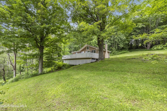 117 Kleis Rd, Fleischmanns, NY 12430 - view of green lawn with a wooden deck and a view of trees