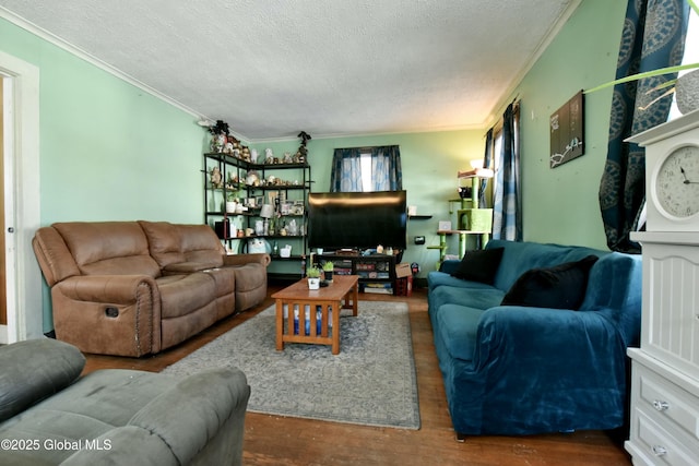 living room featuring ornamental molding, a textured ceiling, and dark wood-type flooring