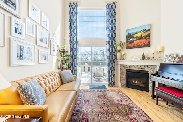 living room with a fireplace, a high ceiling, and wood finished floors