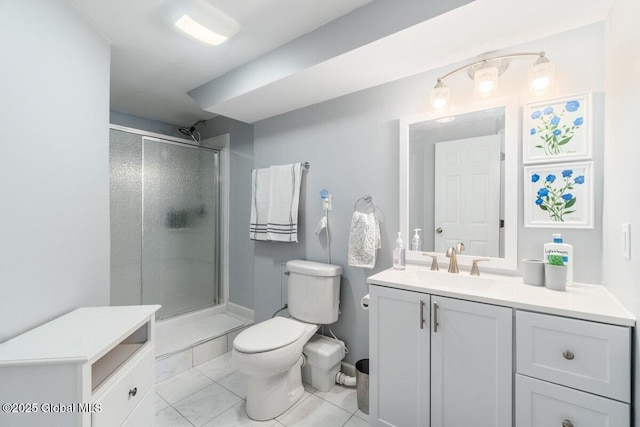 bathroom with toilet, marble finish floor, a shower stall, and vanity