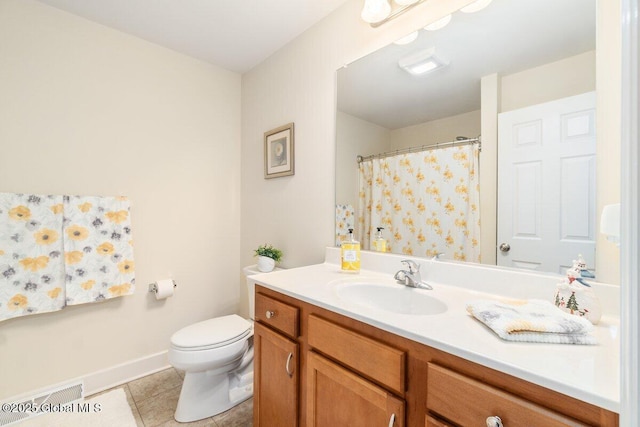 full bath featuring toilet, vanity, visible vents, and tile patterned floors