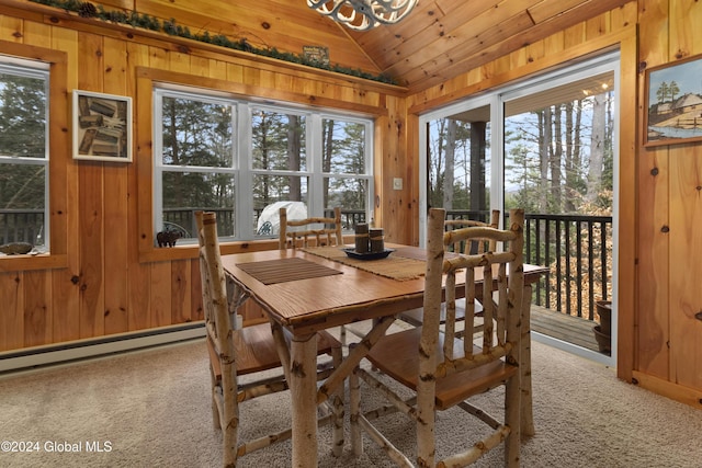 carpeted dining area with wood ceiling, vaulted ceiling, wood walls, and baseboard heating