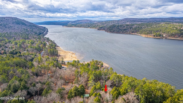 aerial view featuring a water and mountain view