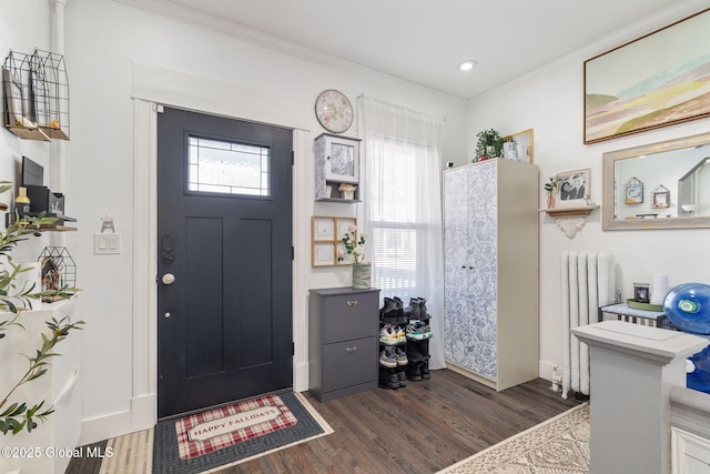 foyer entrance with radiator, plenty of natural light, crown molding, and dark wood-style flooring