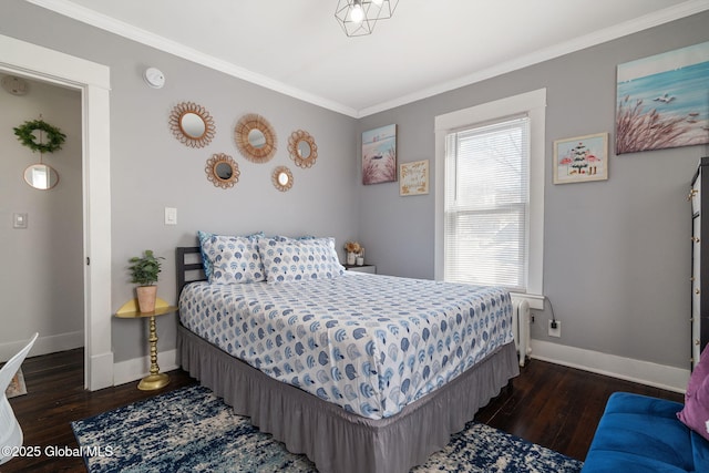 bedroom with ornamental molding, baseboards, and dark wood-style floors