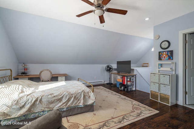 bedroom featuring lofted ceiling, recessed lighting, baseboard heating, a ceiling fan, and wood finished floors