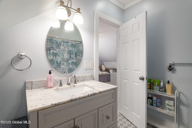 bathroom featuring curtained shower, vanity, and tile patterned floors