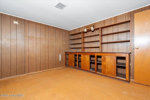 carpeted spare room featuring wood walls