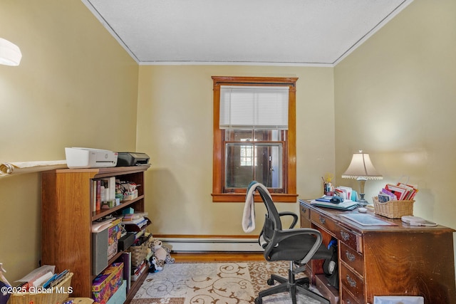 home office featuring a baseboard radiator and light wood finished floors