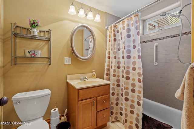 full bath featuring toilet, shower / bath combo, and vanity