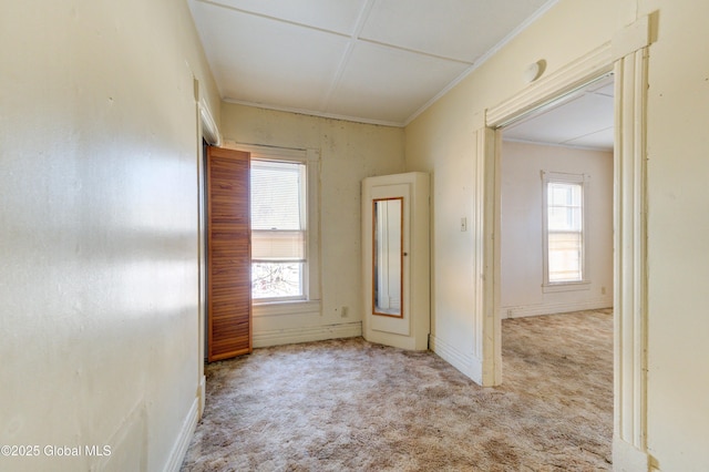 carpeted spare room with ornamental molding and a healthy amount of sunlight