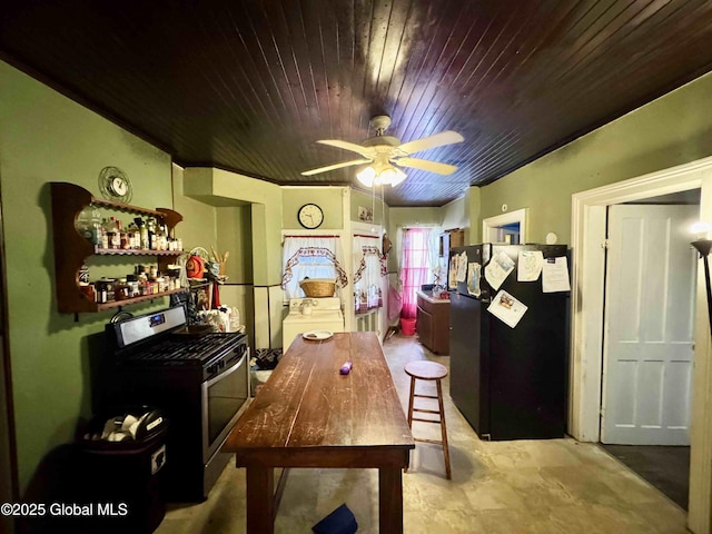 dining space with ceiling fan and wooden ceiling