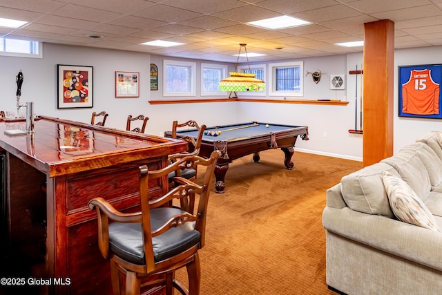 playroom with carpet, a paneled ceiling, baseboards, and billiards