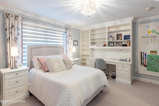 bedroom featuring built in desk, light colored carpet, and crown molding