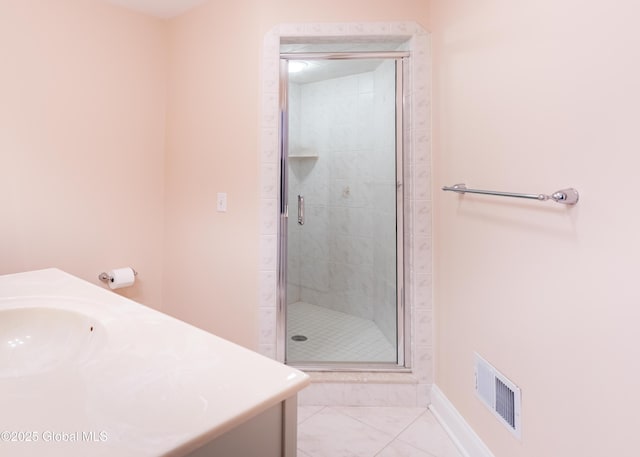 full bath featuring vanity, a shower stall, and visible vents