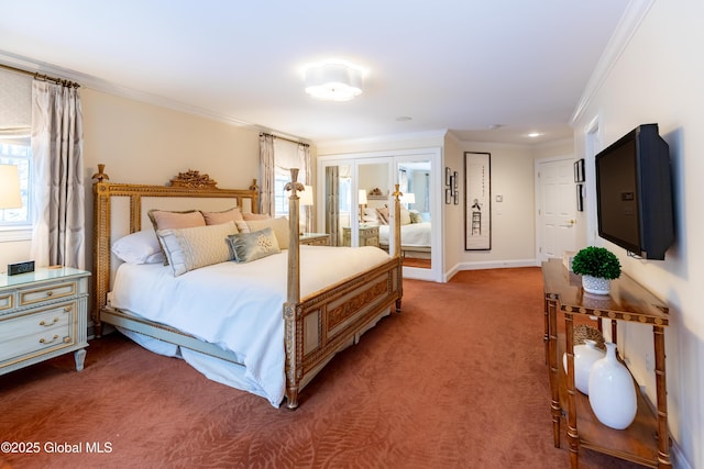 carpeted bedroom featuring crown molding and baseboards